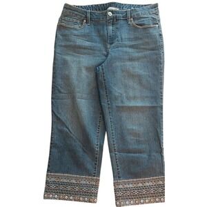 Women's Light Blue Denim Embroidered Hem Crop capri style Jeans #60C